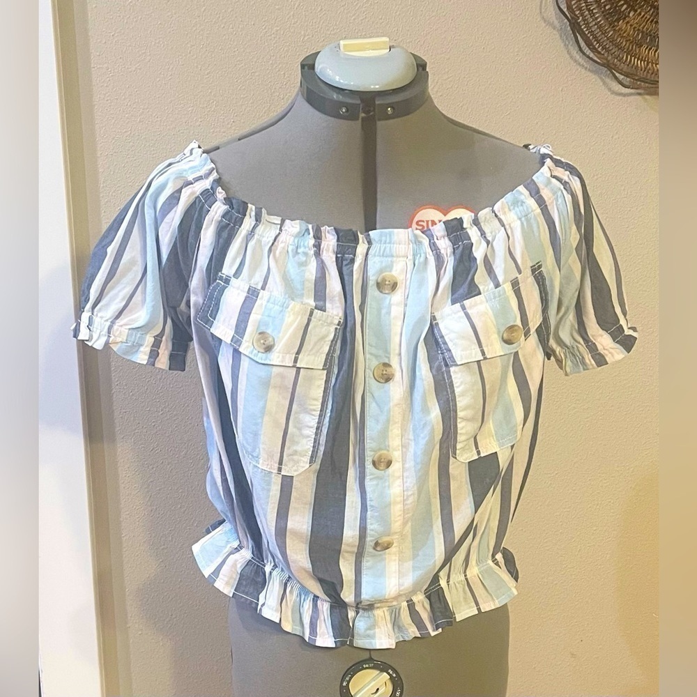 Arizona Off-shoulder Crop Top Size XL Blue Vertical Stripes Buttons Cinched